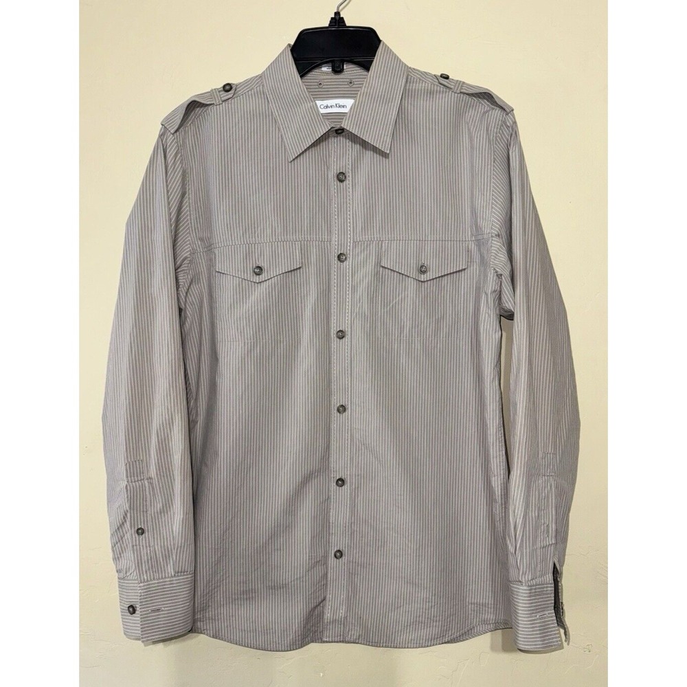 Calvin Klein Men's Non-Iron Long Sleeve Grey Stripe Dress Shirt Size Medium